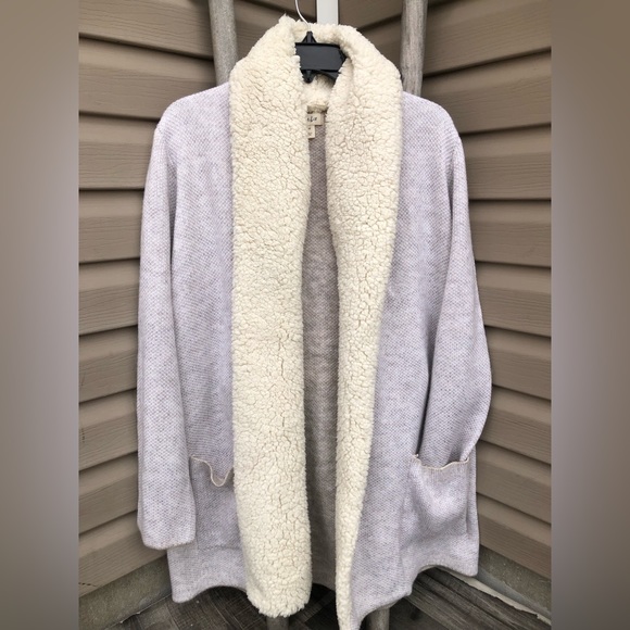 New Style & Co. Womens Plus Sherpa Collar Open Front Sweater Beige - Picture 5 of 9